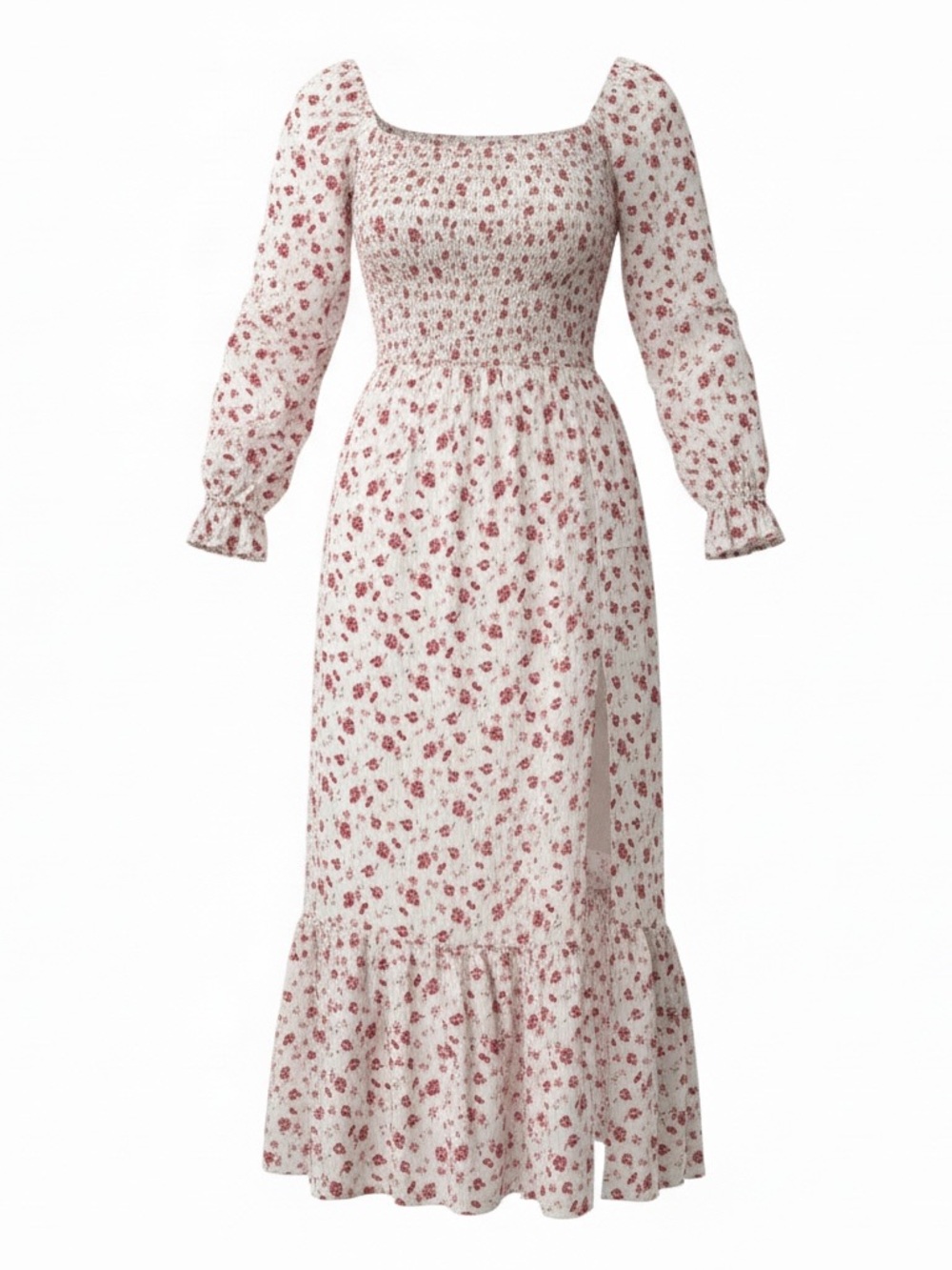 Gibsonlook Smocked Midi Dress Long Sleeves White Floral M Cottagecore country